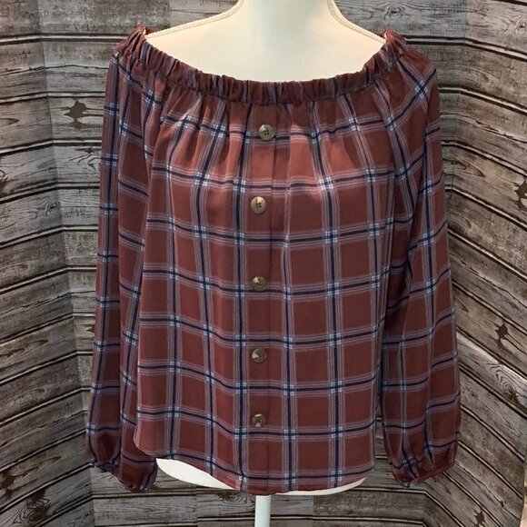 🔥🔥SALE🔥BY TOGETHER Plaid Checker Print Off Shoulder Button Down Front Top NWT - Picture 2 of 4